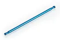 A blue anodized aluminium centre drive shaft for an RC car, featuring ball-joint ends with small metal pins.