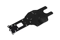 A black anodized aluminium rear chassis plate for an RC vehicle, featuring multiple mounting holes and a central cutout, isolated on a white background.