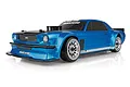 Team Associated DC10 1/10 scale RC drift car in blue with a classic muscle car body style, featuring white racing stripes and silver multi-spoke wheels.