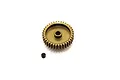 A gold-coloured Kyosho velvet coated aluminium pinion gear with a small black grub screw placed below it on a white background.