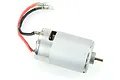 A silver 550-size brushed RC motor with red and black wires and bullet connectors attached, isolated on a white background.