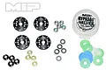 MIP 8-Hole 1.2mm Bypass1 Tapered Hi-Flow Pistons Set including black pistons, nuts, washers, and valve discs in a small container.