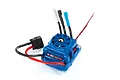 Traxxas Velineon VXL-4s electronic speed controller with blue casing, integrated cooling fan, and pre-soldered motor and battery connectors.