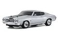 A 1/10 scale Kyosho Fazer Mk2 1970 Chevy Chevelle SS 454 RC car in Cortez Silver with black racing stripes on a white background.