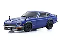Kyosho Mini-Z Nissan Fairlady 240ZG RC car in metallic blue, featuring black fender flares and wheels on a white background.