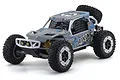 Kyosho AXXE 2.0 RC buggy in grey and blue with number 74 on the roof, featuring off-road tires and a spare wheel on the back.