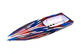 Traxxas Spartan SR assembled RC boat hull in red, blue, and white racing livery, viewed from a high angle against a white background.