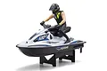 Kyosho Wave Chopper 2.0 RC jet ski in white and blue with a rider figure, mounted on a black display stand against a white background.