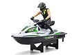 Kyosho Wave Chopper 2.0 RC jet ski in white and green with a rider figure, mounted on a black display stand against a white background.