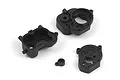 A set of black plastic RC transmission gearbox case components from HPI Racing, shown against a white background.