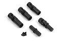 A set of black RC drivetrain components including three universal joint shafts, one splined shaft, and four small screws on a white background.