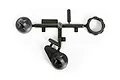 A black plastic parts tree containing shock components for an RC car, including two shock caps and a threaded collar, on a white background.
