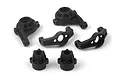 A set of black plastic RC steering hubs and suspension components from HPI Racing on a white background.
