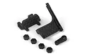 HPI Racing servo mount set including two black plastic chassis mounts, four hexagonal spacers, and a small servo arm on a white background.