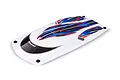 A white Traxxas Spartan SR RC boat hatch featuring red, blue, and black graphic decals and a black windshield area with the Traxxas logo.