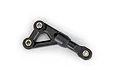 A black plastic RC suspension arm component with three metal pivot bushings, isolated on a white background.