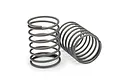 Two grey metal coil suspension springs for RC vehicles, one standing upright and one lying on its side against a white background.