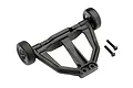 A black Traxxas wheelie bar assembly with two small wheels and two mounting screws on a white background.