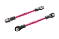 Two pink anodized aluminium RC turnbuckles with black plastic rod ends on a white background.