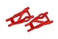 Two red Traxxas heavy-duty suspension arms for RC vehicles, shown from a top-down perspective on a white background.