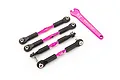 Traxxas pink aluminium adjustable turnbuckle set with four rods and a matching pink wrench on a white background.