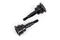 Two black steel splined CVD front wheel axles for Traxxas RC vehicles against a white background.