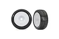 Two Traxxas Response Pro RC buggy wheels with white dish rims and black knobby rubber tires, shown from front and side angles.