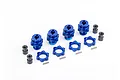 A set of four blue anodized aluminium 17mm wheel hex adapters with matching nuts, pins, and black spacers on a white background.
