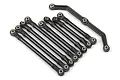 A set of nine black plastic suspension linkages for Traxxas RC vehicles, including eight straight rods and one bent rod, arranged on a white background.