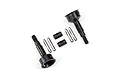 Two black metal Traxxas front stub axles with accompanying pins and spacers on a white background.