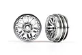 Two satin chrome 1.0-inch split spoke RC crawler rims shown from front and side angles against a white background.