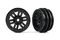 Two black 1.0-inch split-spoke RC crawler wheels shown from front and side angles against a white background.
