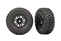 Two Traxxas 1.0 inch Canyon Trail crawler tires pre-mounted on black split-spoke wheels against a white background.