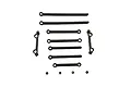 A set of black plastic RC car suspension linkages and small spacers arranged on a white background.