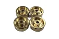 Four brass wheel hex adapters for RC cars arranged in a square formation on a white background.
