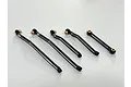 Five black aluminium high clearance suspension links of varying lengths with brass pivot balls arranged on a white surface.