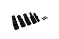 A set of four black RC drive shaft components and four small black screws on a white background.