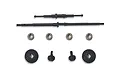 A set of Hobby Plus RC metal axle shafts, small metal collars, and bevel gears arranged on a white background.