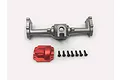 Hobby Plus V2 aluminium rear axle housing in silver with a red differential cover and seven black mounting screws on a white background.