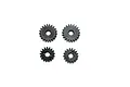 A set of four black RC portal gears of varying sizes arranged on a plain white background.