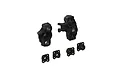 Two black plastic ARRMA front steering hubs and four smaller associated plastic inserts arranged on a white background.