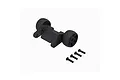 ARRMA black plastic wheelie bar assembly with two wheels and four mounting screws on a white background.