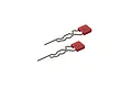 Two ARRMA RC body clips with red plastic pull tabs and bent metal wire pins, shown against a plain white background.