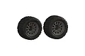 Two ARRMA dBoots Katar RC truggy tires mounted on gunmetal grey multi-spoke rims against a white background.