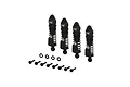 A set of four black ARRMA aluminium shock absorbers with coil springs, mounting hardware, and washers on a white background.