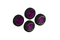 Four ARRMA dBoots Fortress RC car wheels with black knobby tires and bright purple rims, arranged on a white background.