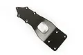A black aluminium front skid plate for an RC vehicle, featuring a tapered design with multiple countersunk screw holes and a central cutout.