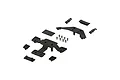 ARRMA body mount set including plastic mounts, brackets, and screws laid out on a white background.