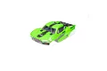 A bright green ARRMA Fury 1/10 scale short course RC truck body shell with black racing decals and window details on a white background.