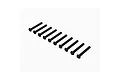 A set of ten black button head screws arranged in a diagonal line against a white background.